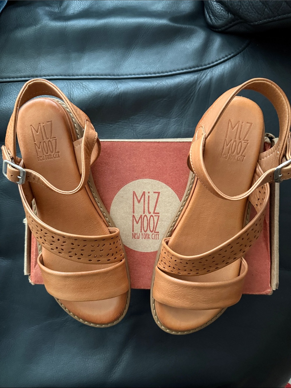 Miz Mooz Tan Leather Perforated Ankle-Strap Sandals “Hazel” color Brandy EU 40